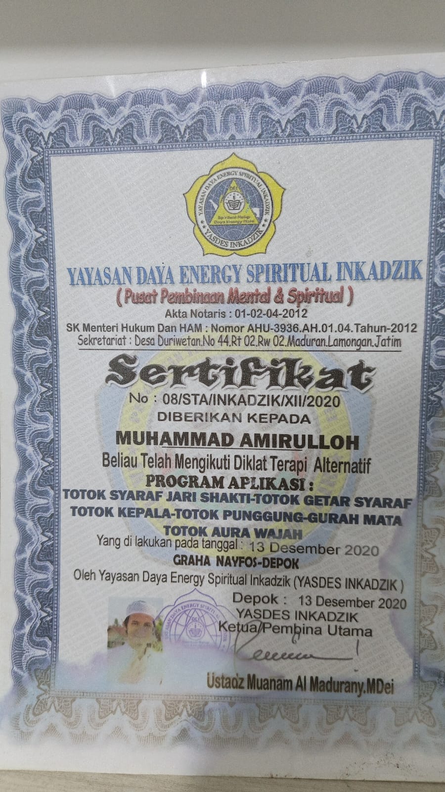 Sertifikat Program Aplikasi Totok Syaraf Muhammad Amirullah dari YASDES INKADZIK