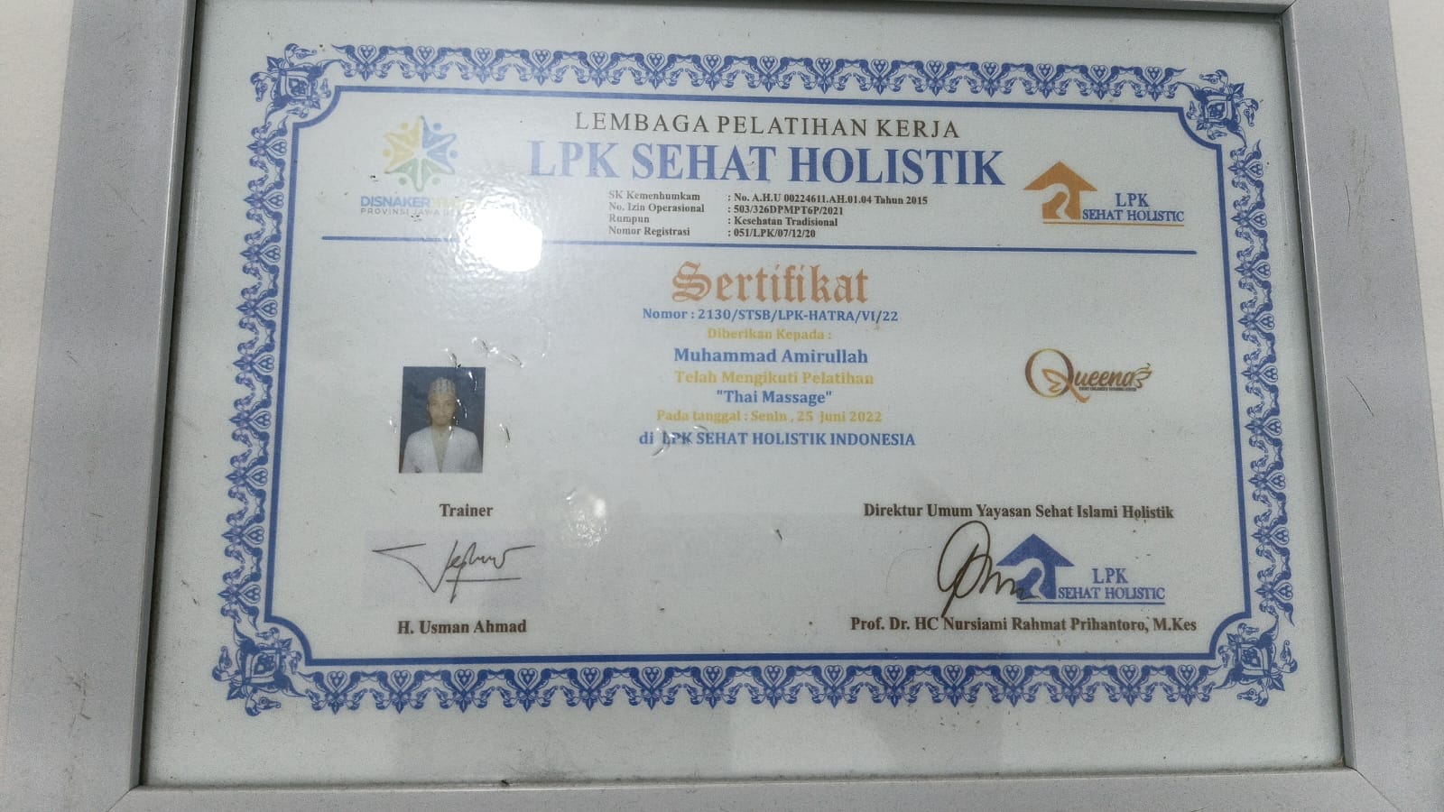 Sertifikat Pelatihan Thai Massage Muhammad Amirullah dari LPK Sehat Holistik