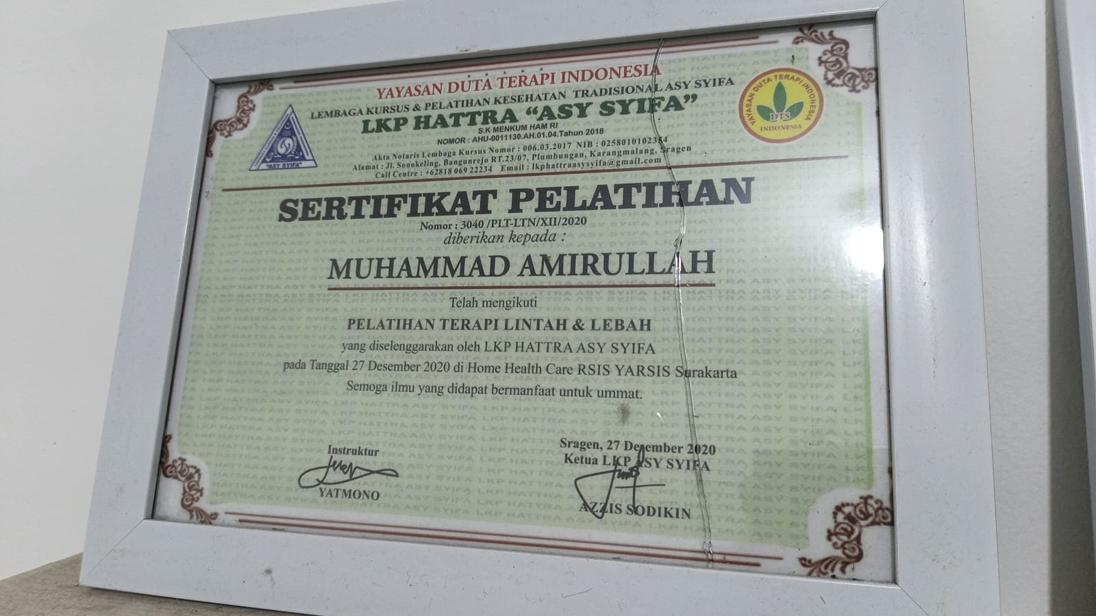 Sertifikat Pelatihan Terapi Lintah dan Lebah Muhammad Amirullah dari LKP HATTRA Asy Syifa