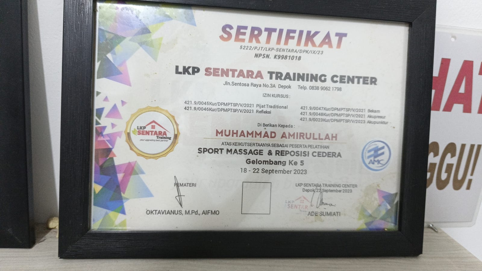 Sertifikat Sport Massage dan Reposisi Cedera Muhammad Amirullah dari LKP Sentara Training Center