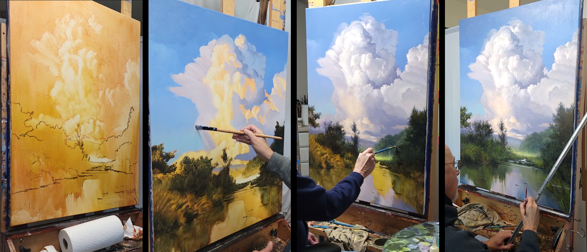 Step-by-step oil painting layers showing the progression from a toned canvas to a finished realistic cloudscape.