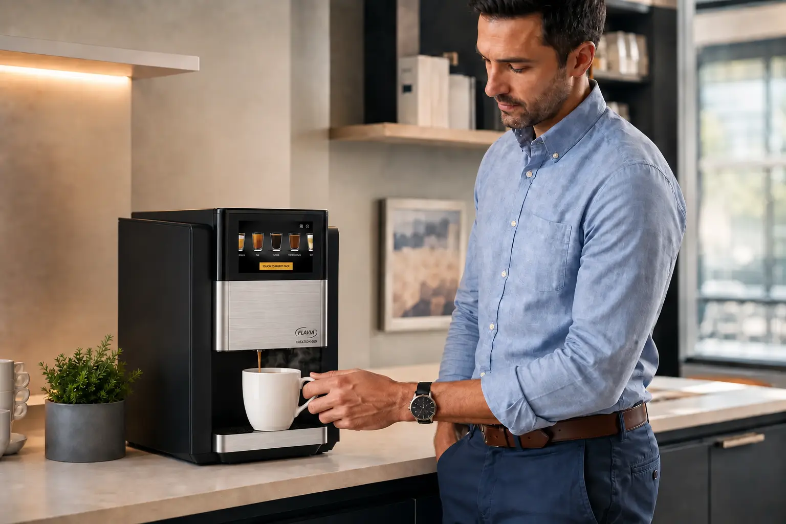 Workplace employee using a FLAVIA Creation 600 coffee machine