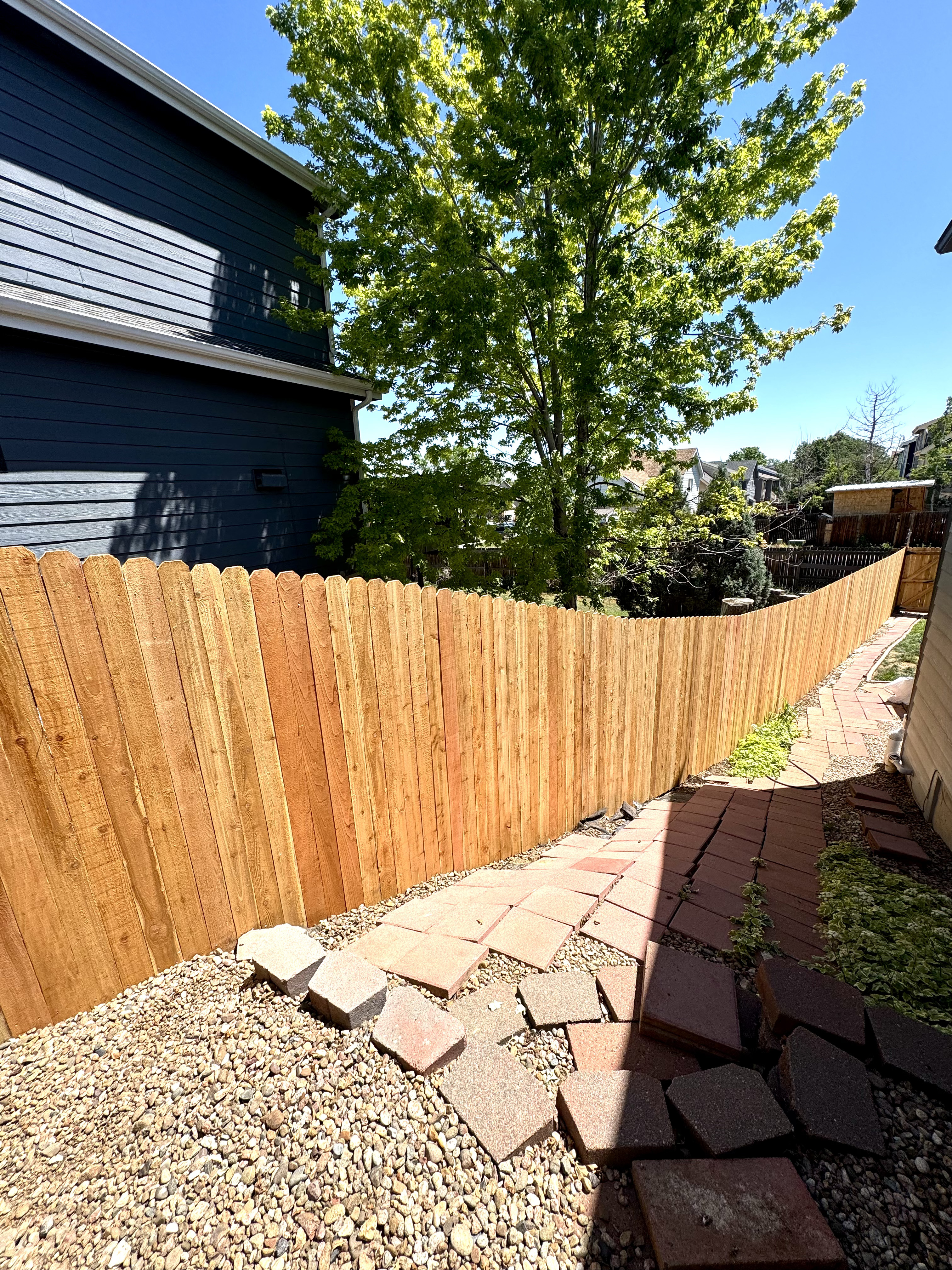 Vinyl privacy fence installed in a Thornton, CO backyard