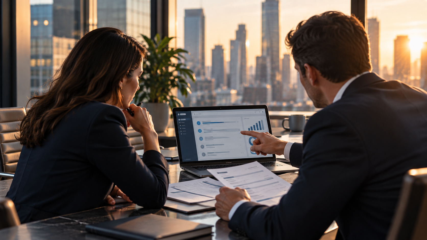 Finance leaders reviewing a digital workflow in a modern office