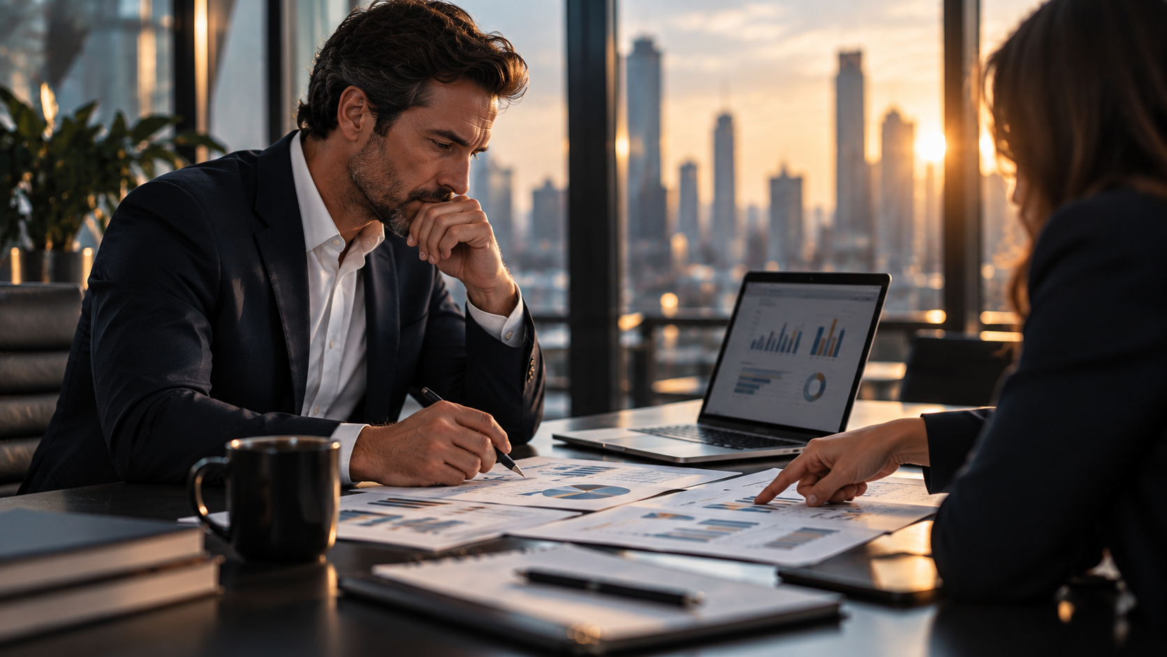 Finance colleagues examining reports and a dashboard