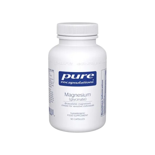A bottle of Pure Encapsulations Magnesium Glycinate, a highly bioavailable magnesium supplement for sleep and relaxation.