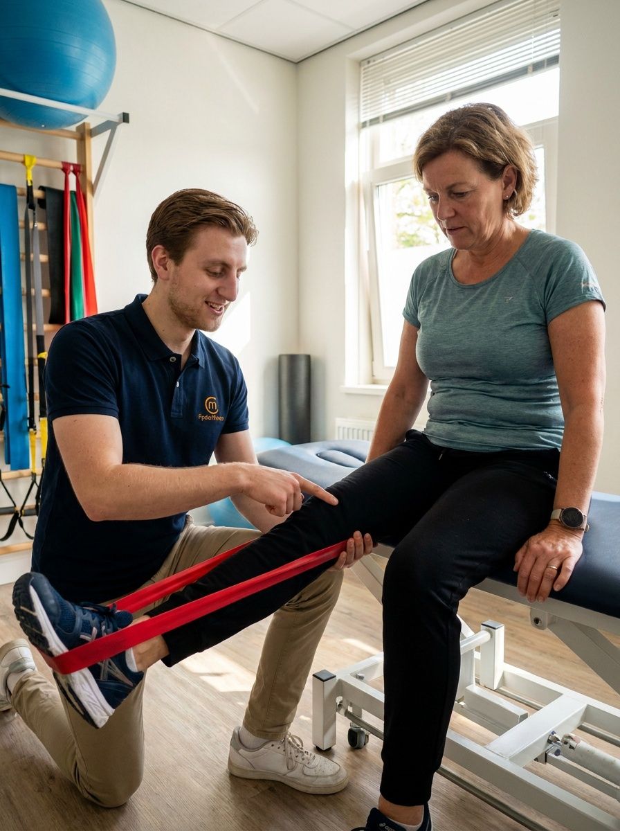 Bram begeleidt een patiënt bij een knie-oefening