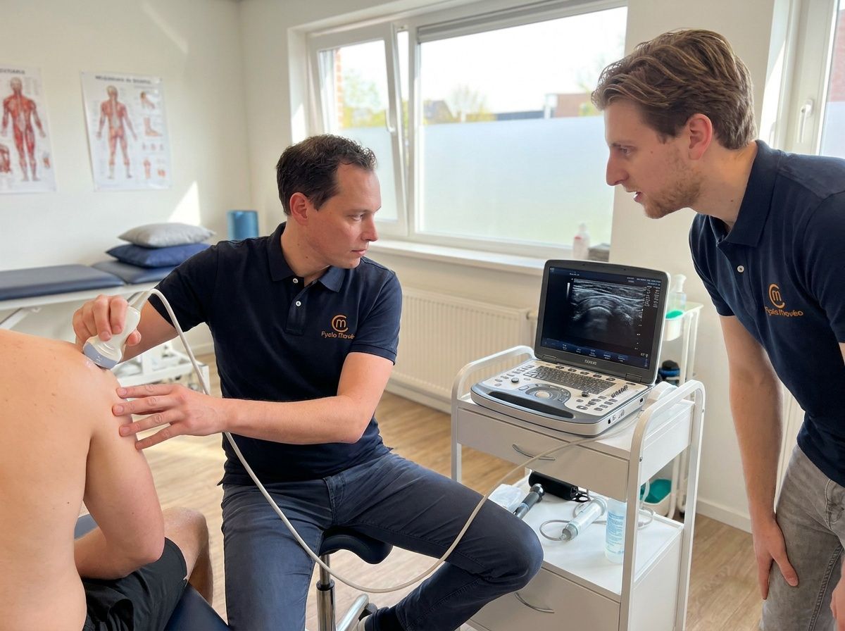 Tim maakt een echo van een schouder terwijl Bram meekijkt