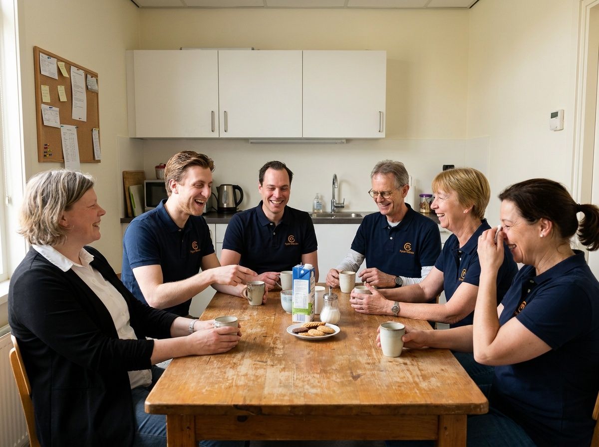 Het team van Fysio Movéo lacht samen aan de koffietafel