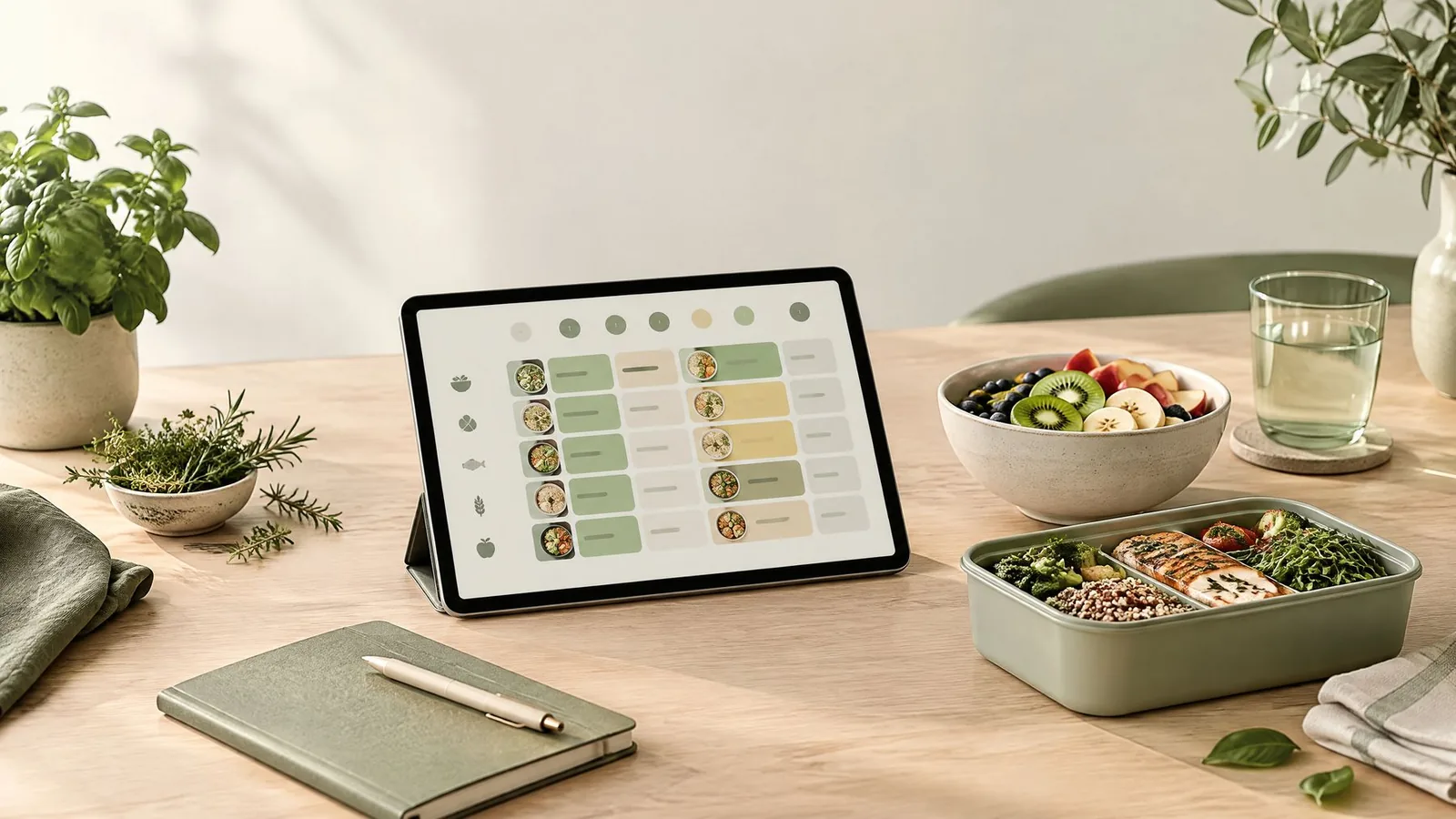 Planificare alimentară săptămânală pe tabletă și ingrediente proaspete