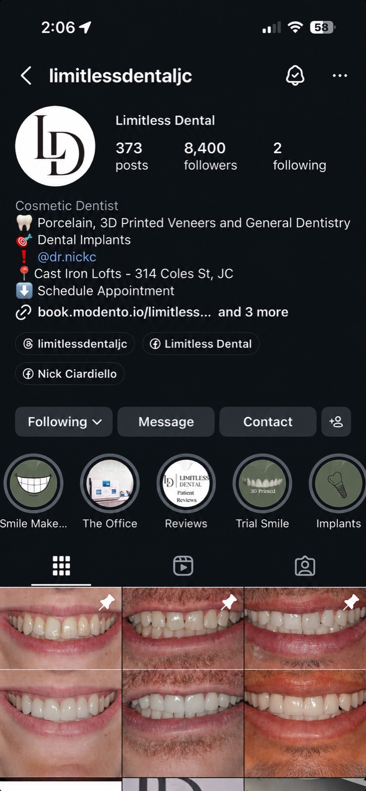@limitlessdentaljc Instagram profile screenshot