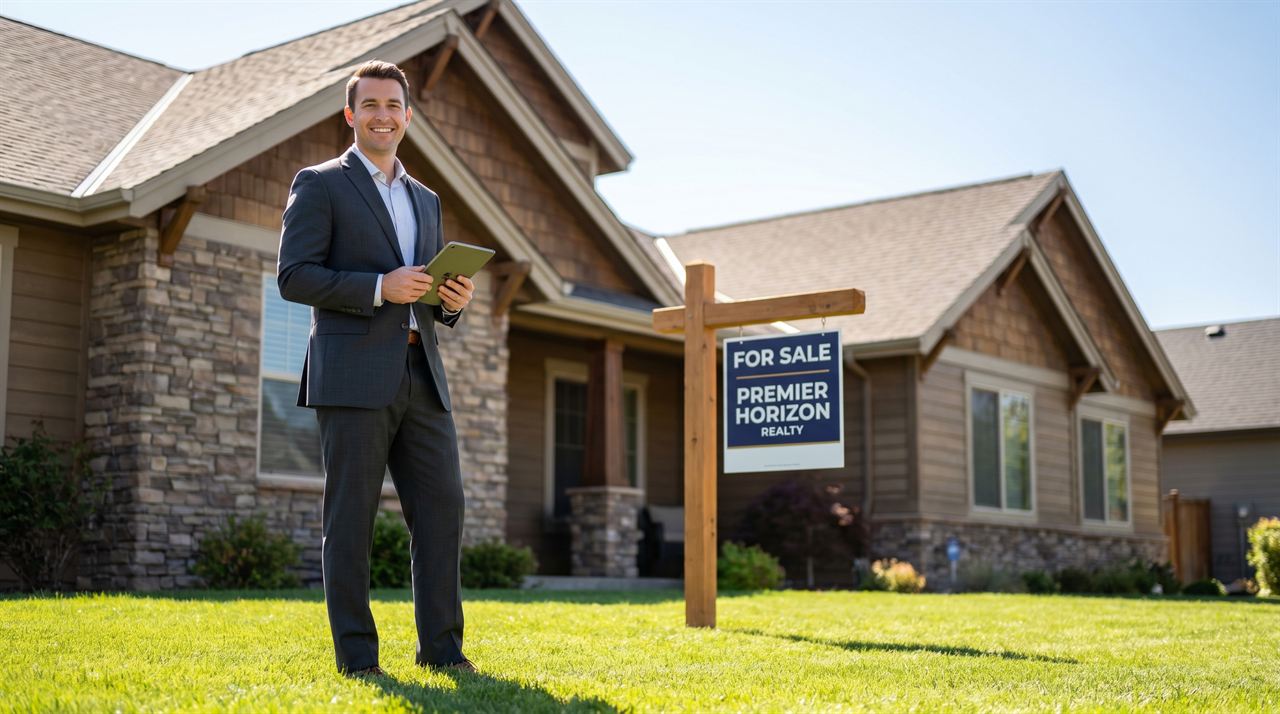 A confident real estate agent in a bright staged home while an agent schedules and confirms showings