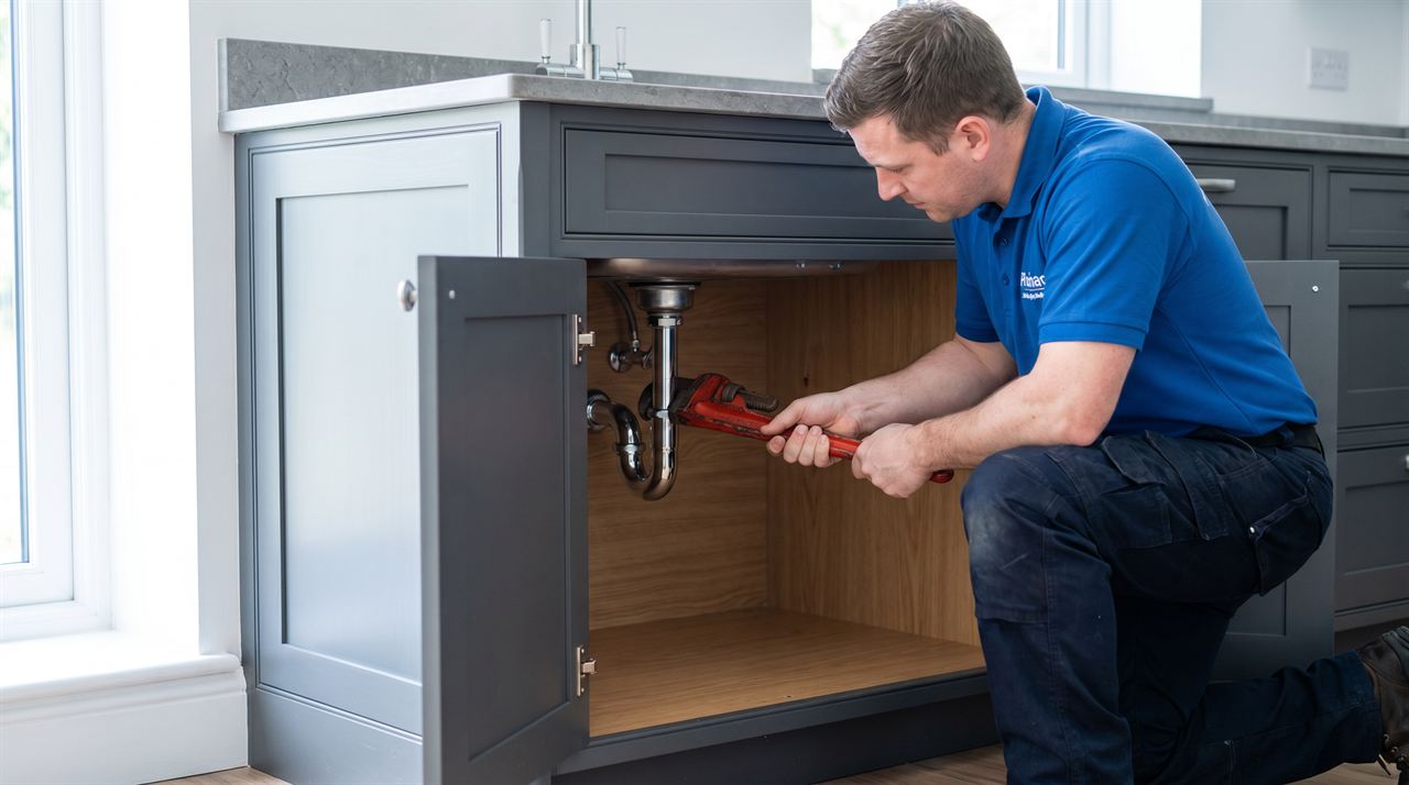 A plumber repairing a pipe under a modern kitchen sink while an agent handles the calls and booking