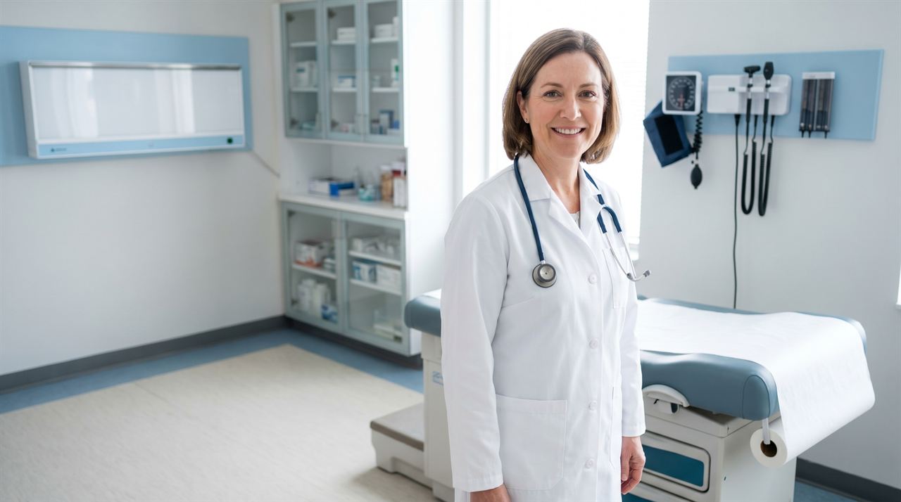 A chiropractor reassuring a patient in a bright modern wellness clinic while an agent handles reminders and scheduling