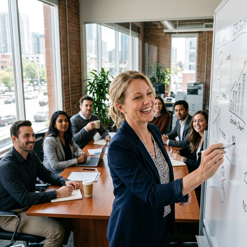 A team leader working at a whiteboard with real estate agents seated around a meeting table