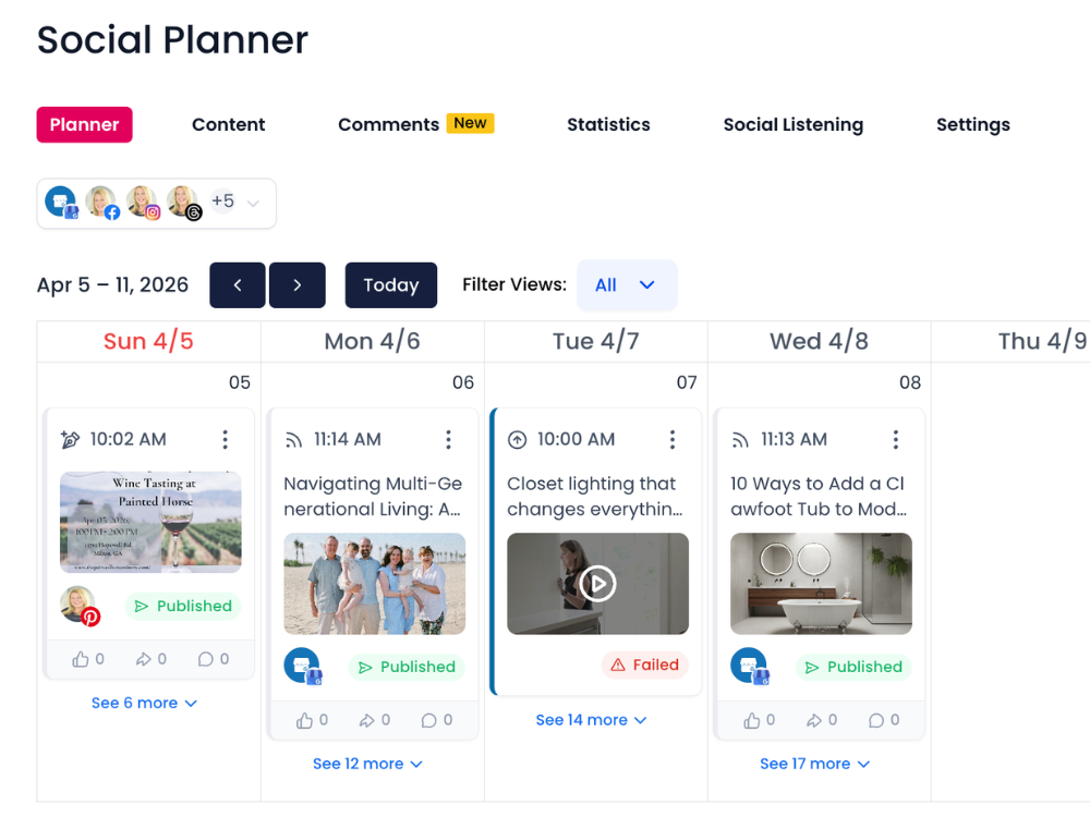 Social Planner weekly calendar view with scheduled posts