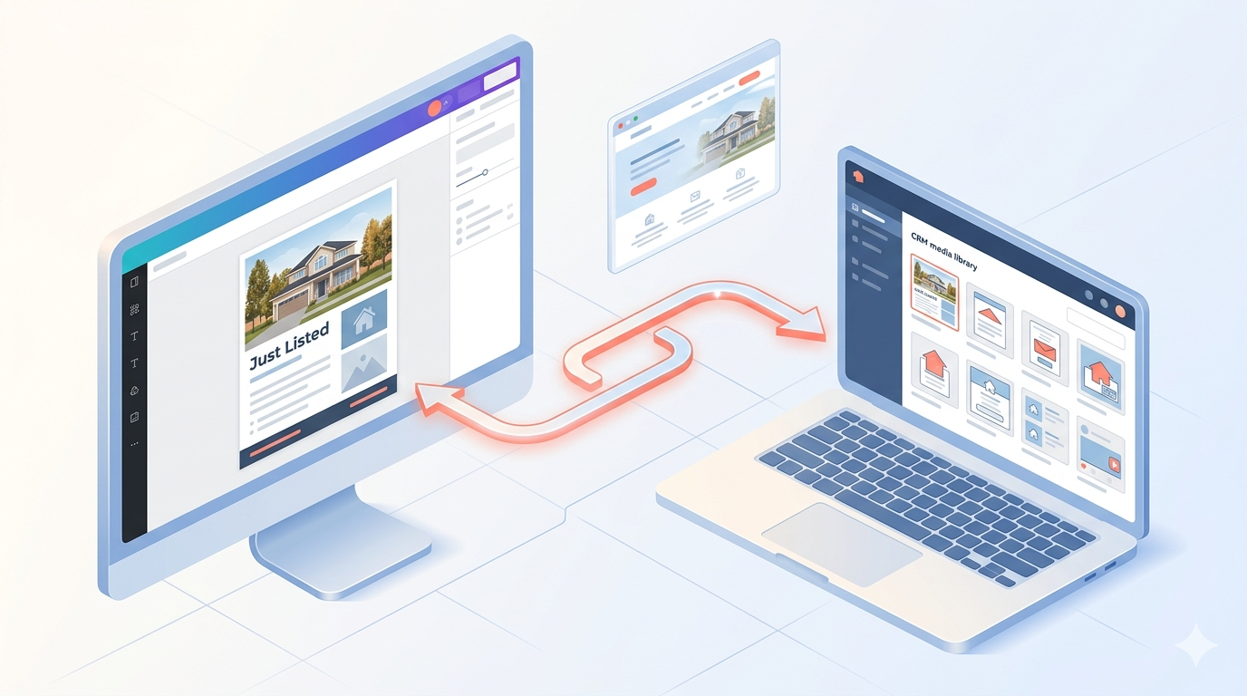 Real estate agent designing a Just Listed flyer in Canva while it syncs into the AgentMoves CRM media library, with thumbnails of property graphics and email templates connected by sync arrows.