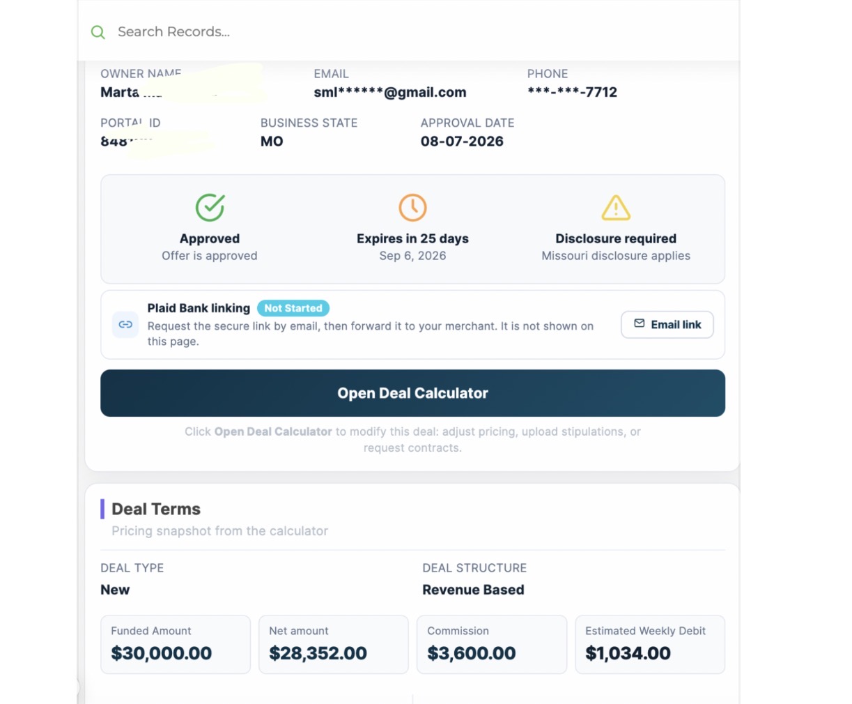Approval for $30,000 in funding with a $3,600 broker commission