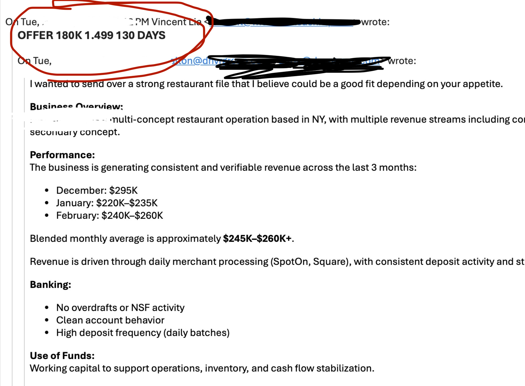 Funder offer of $180,000 at a 1.499 factor over 130 days