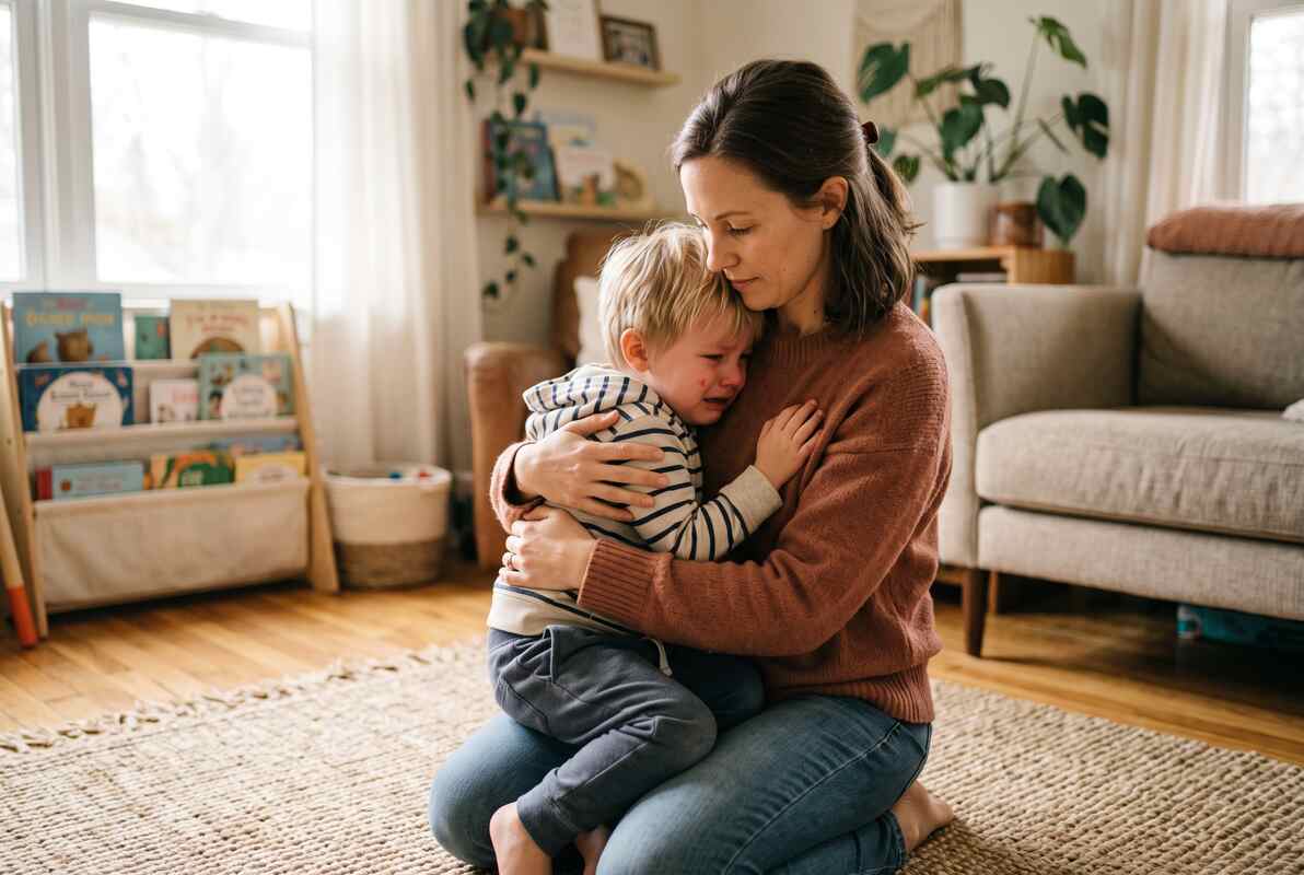 A mother taking a deep breath with her child and hugged the child