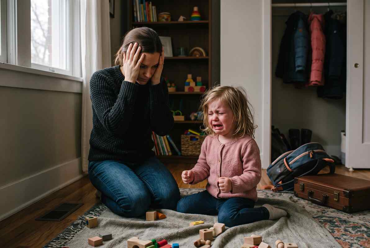 A frustrated toddler crying on the living room floor while an adult offers a low posture and calm presence