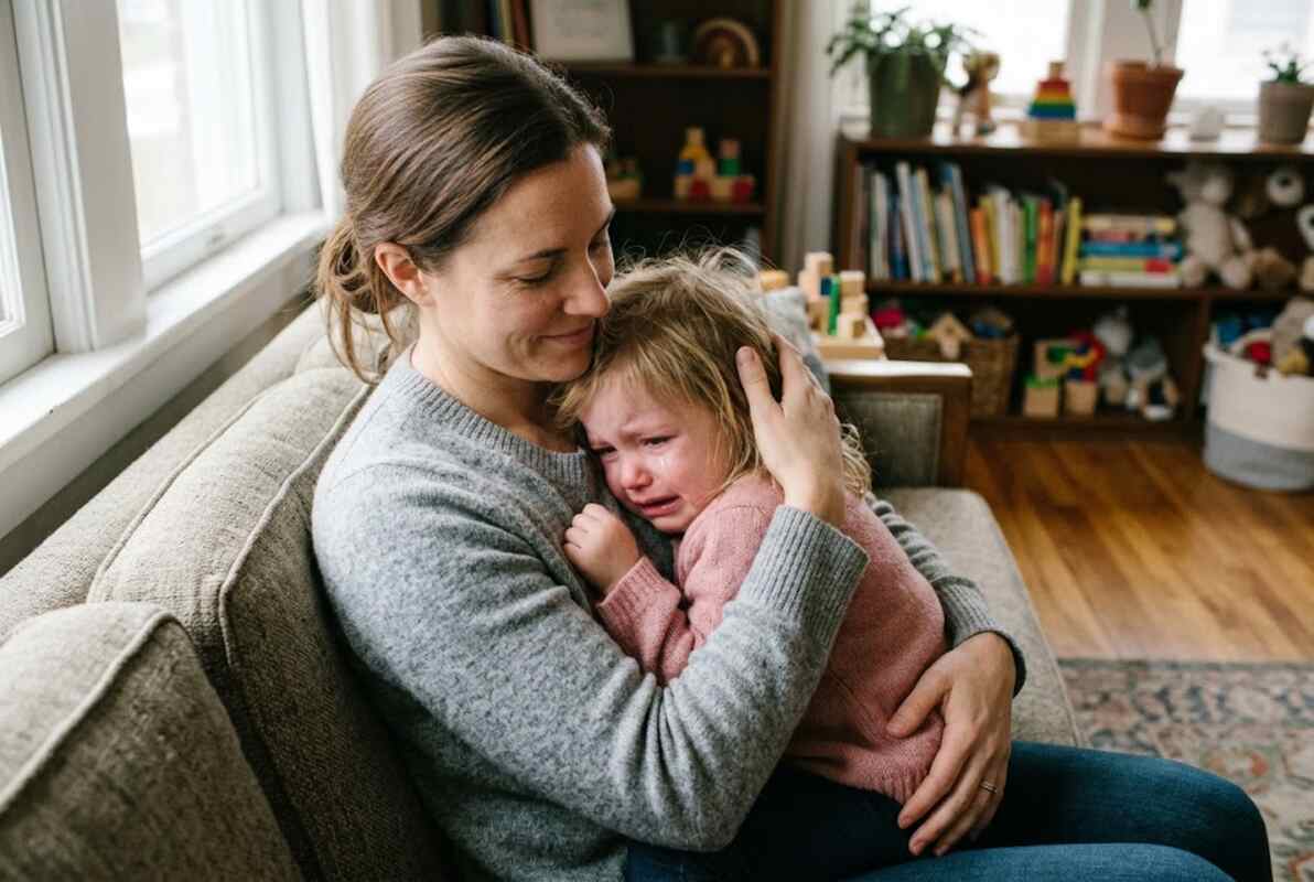 A mother sitting on the floor hugging her tearful preschooler to practice parent child co regulation and emotional safety