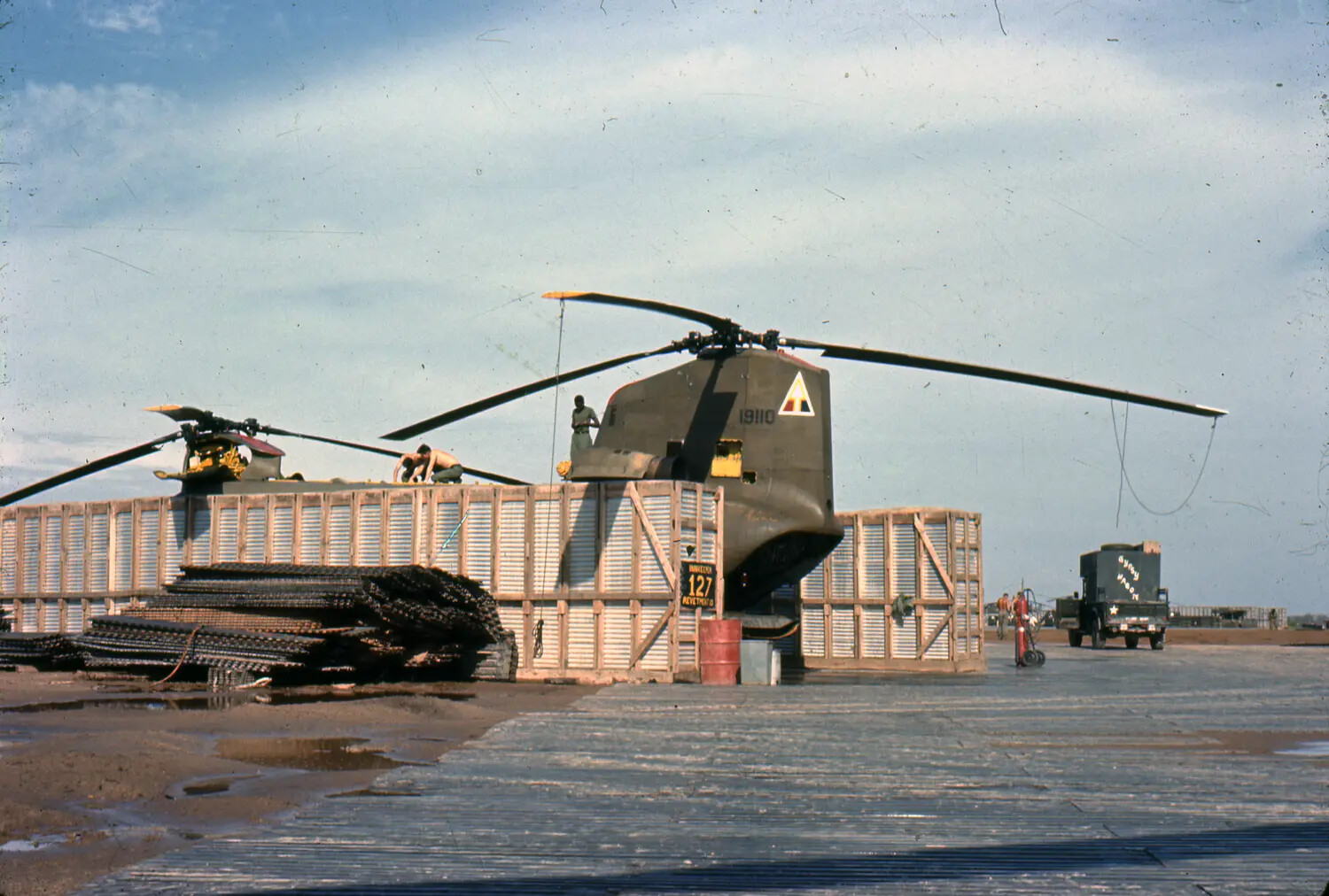 U.S. Army CH-47 Chinook Helicopter (Tail No. 19110) in Protective Revetment, South Vietnam, Vietnam War Era