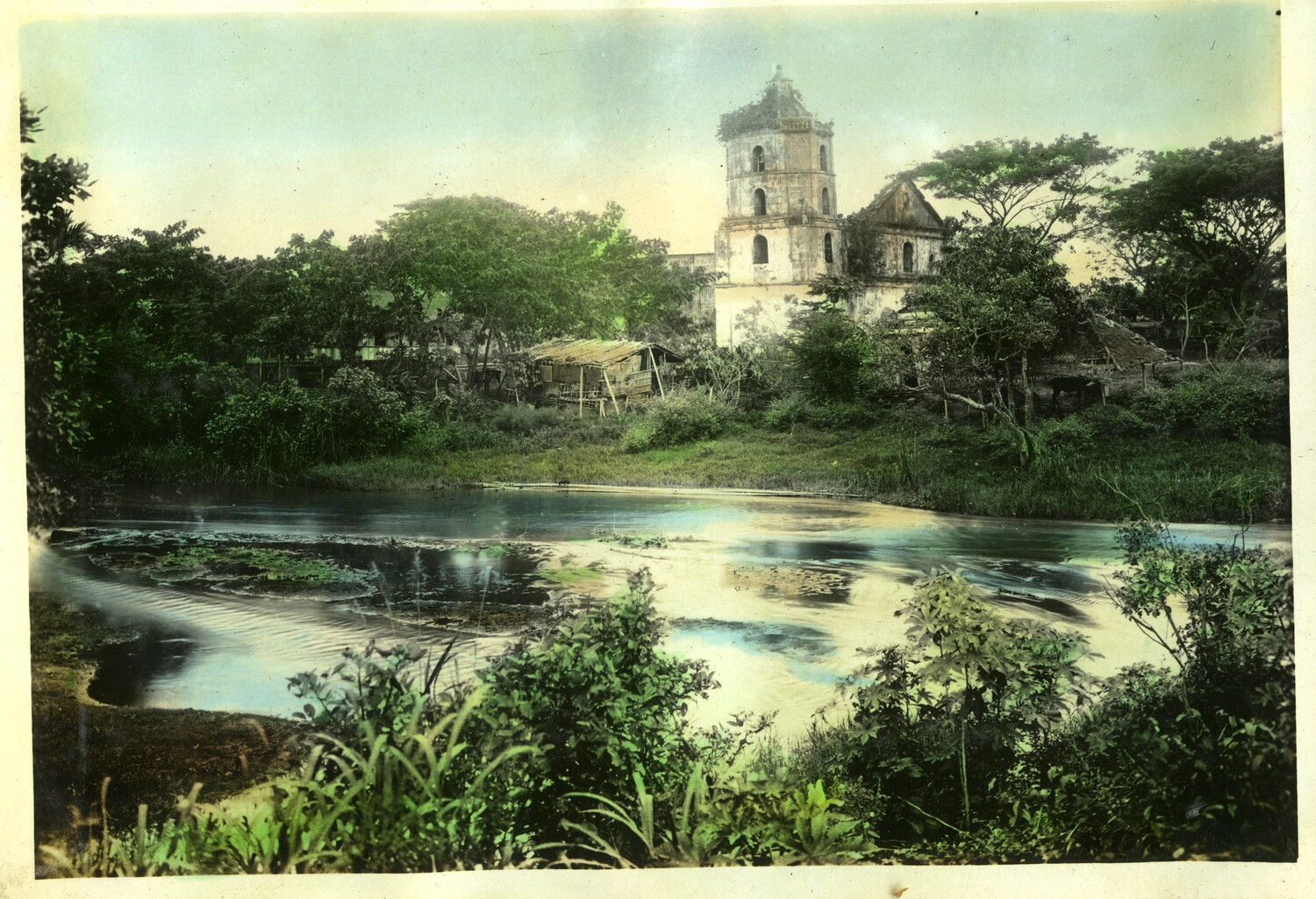 Provincial Church Bell Tower and Pond, Rural Philippines, Hand-Tinted Photograph