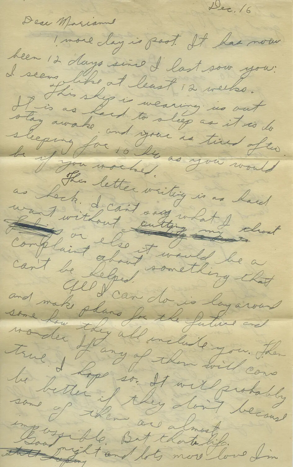 Handwritten Personal Letter, "Dear Marianne," Dated December 16, WWII-Era Correspondence (Moon/Sammiet Collection)