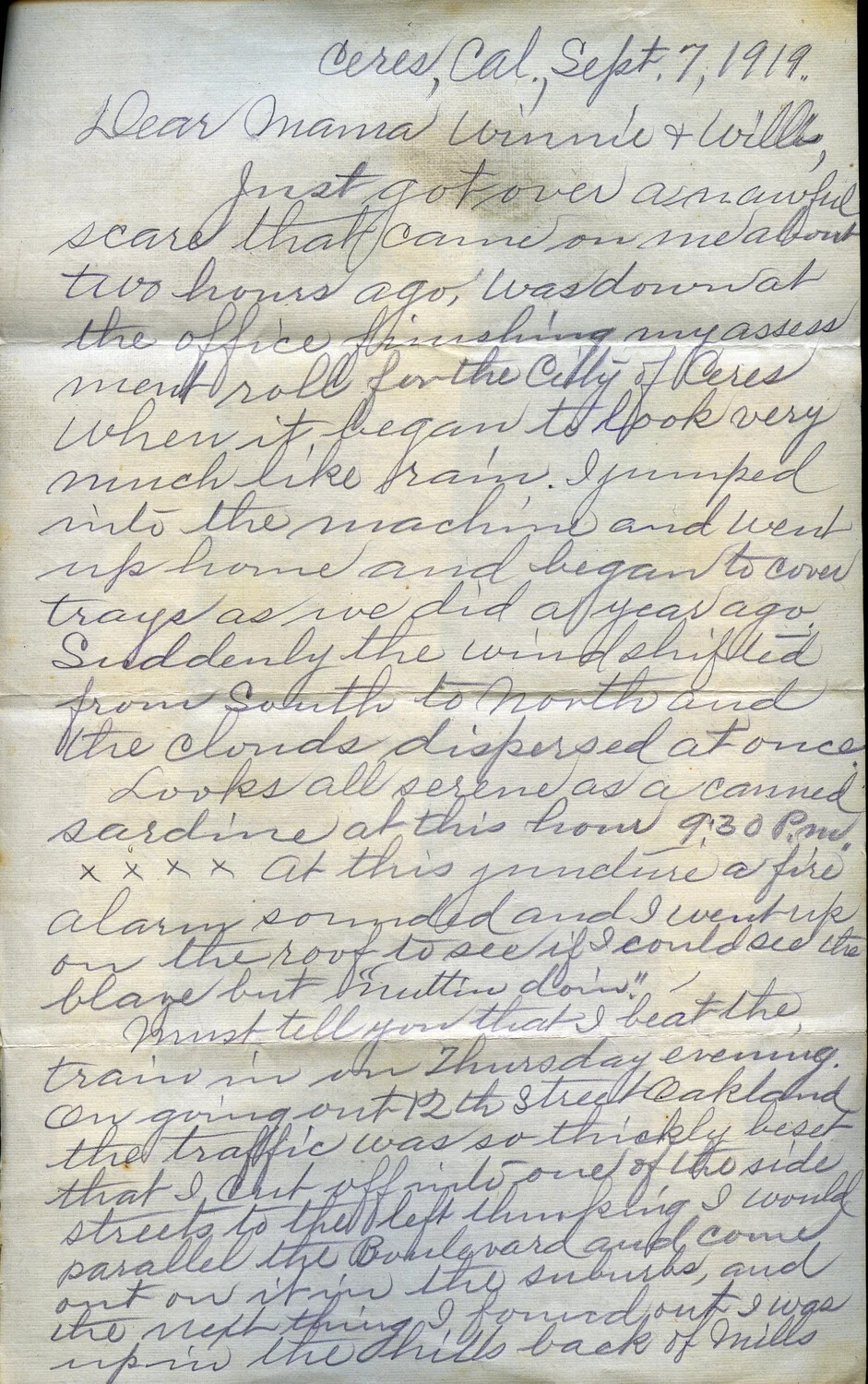 Letter from J.A. Wagener to Family, Ceres, California, September 7, 1919