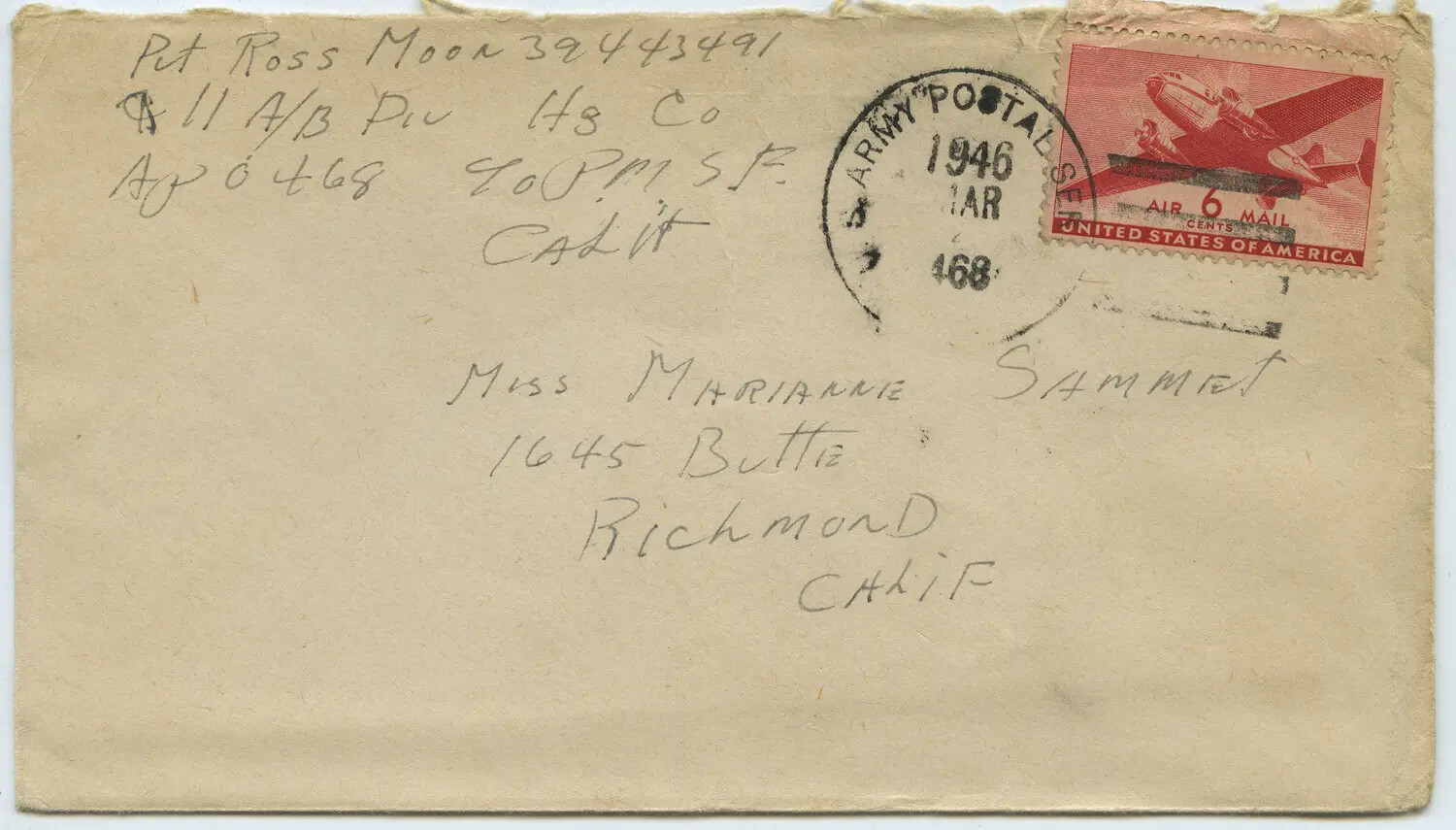 WWII Army Postal Service Envelope, Pvt. Ross Moon to Miss Marianne Sammiet, March 1946