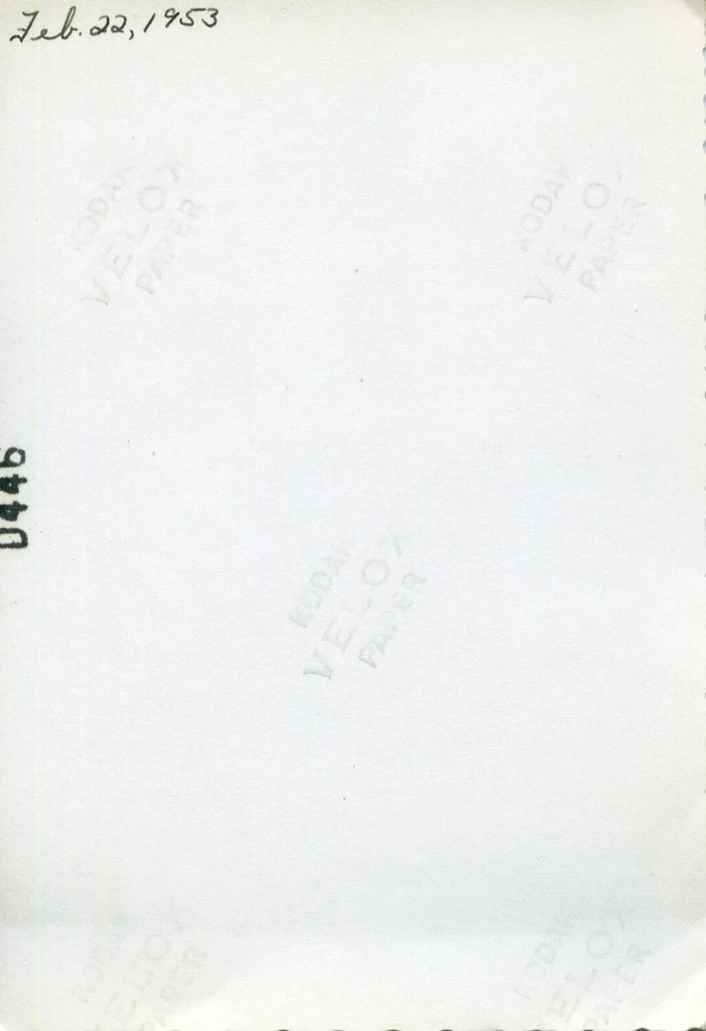 Reverse Side of Photographic Print with Kodak Velox Watermark, Dated Feb. 22, 1953 (Joseph Smith Material)