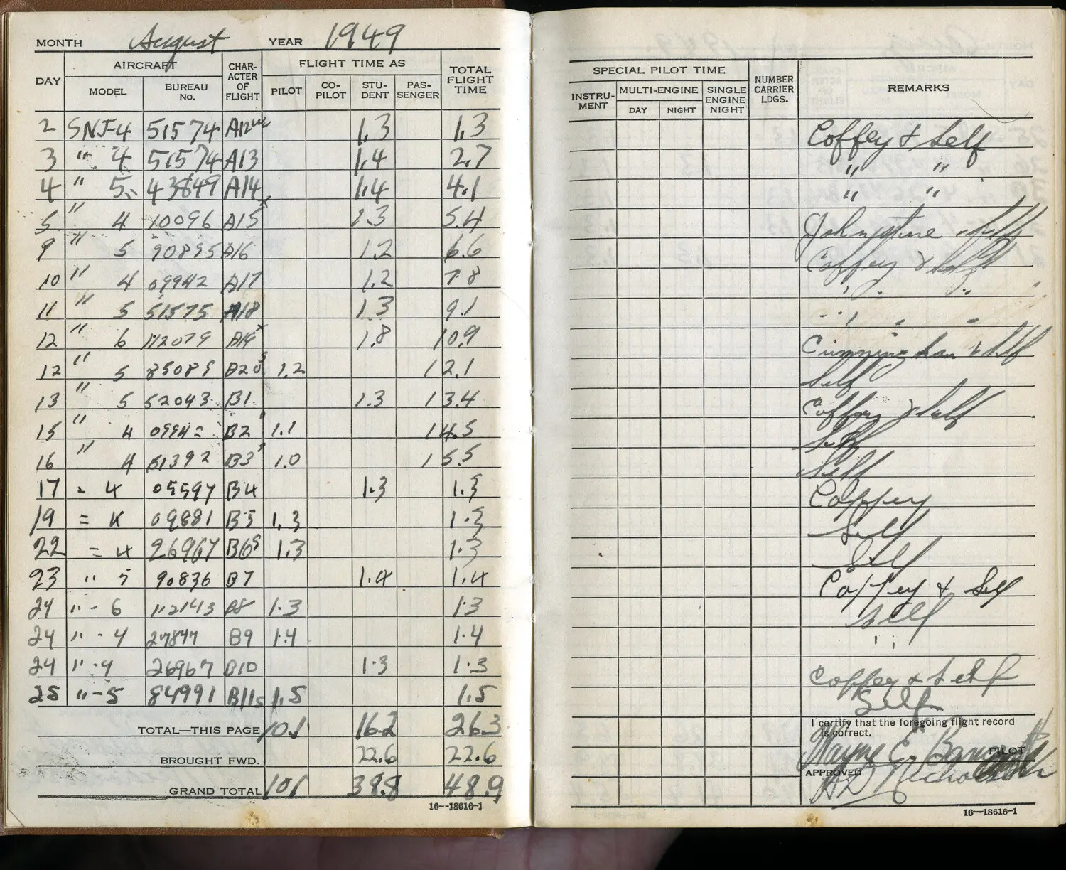 Naval Aviator Flight Logbook Page, August 1949 -- SNJ Trainer Flights, Lt. Bancroft Collection