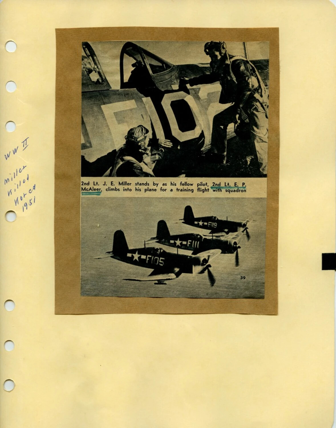 Scrapbook Page: 2nd Lt. E. P. McAleer and 2nd Lt. J. E. Miller, Corsair Squadron Training Flight, with Korean War Casualty Annotation