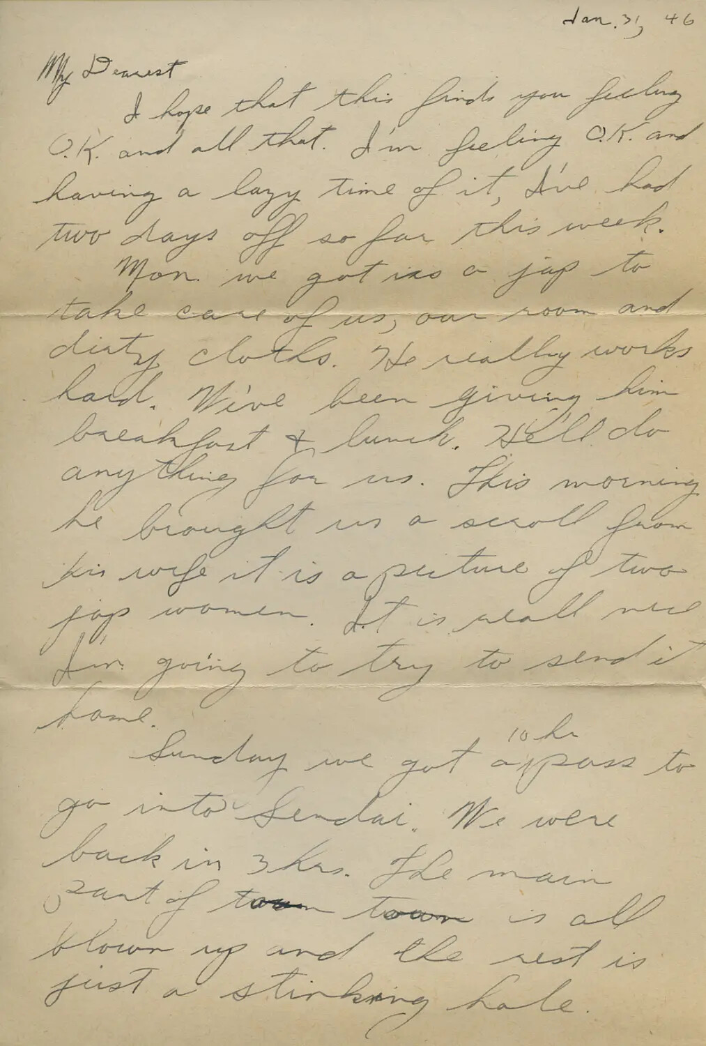 Handwritten Letter Home Describing U.S. Occupation Duty and the Bombed City of Sendai, Japan, January 1946