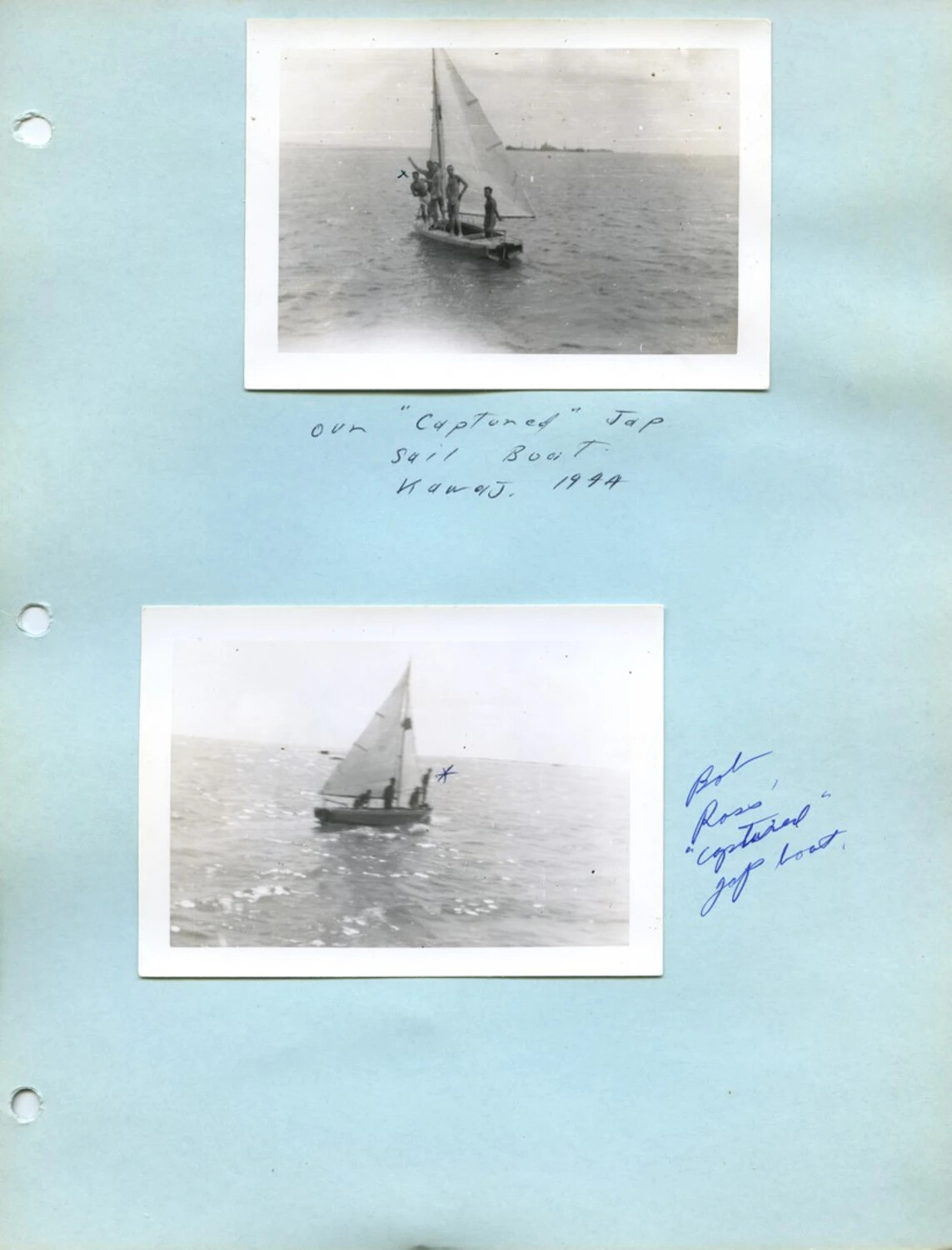 Album Page with Two Snapshots of a 'Captured' Japanese Sailboat, Kwajalein Atoll, 1944