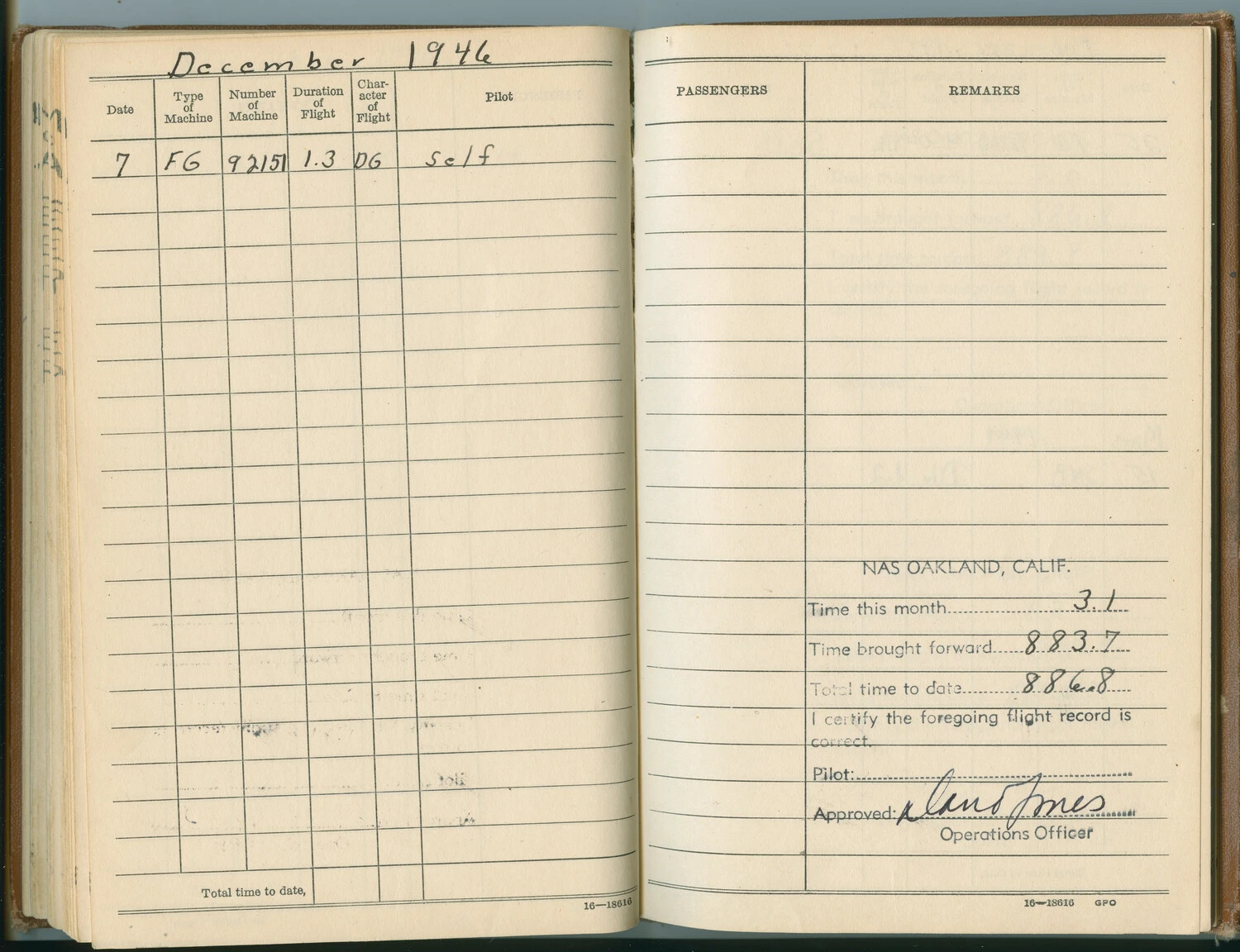 U.S. Navy Pilot Flight Log Book, December 1946 Entry - NAS Oakland, California (McAleer Collection)