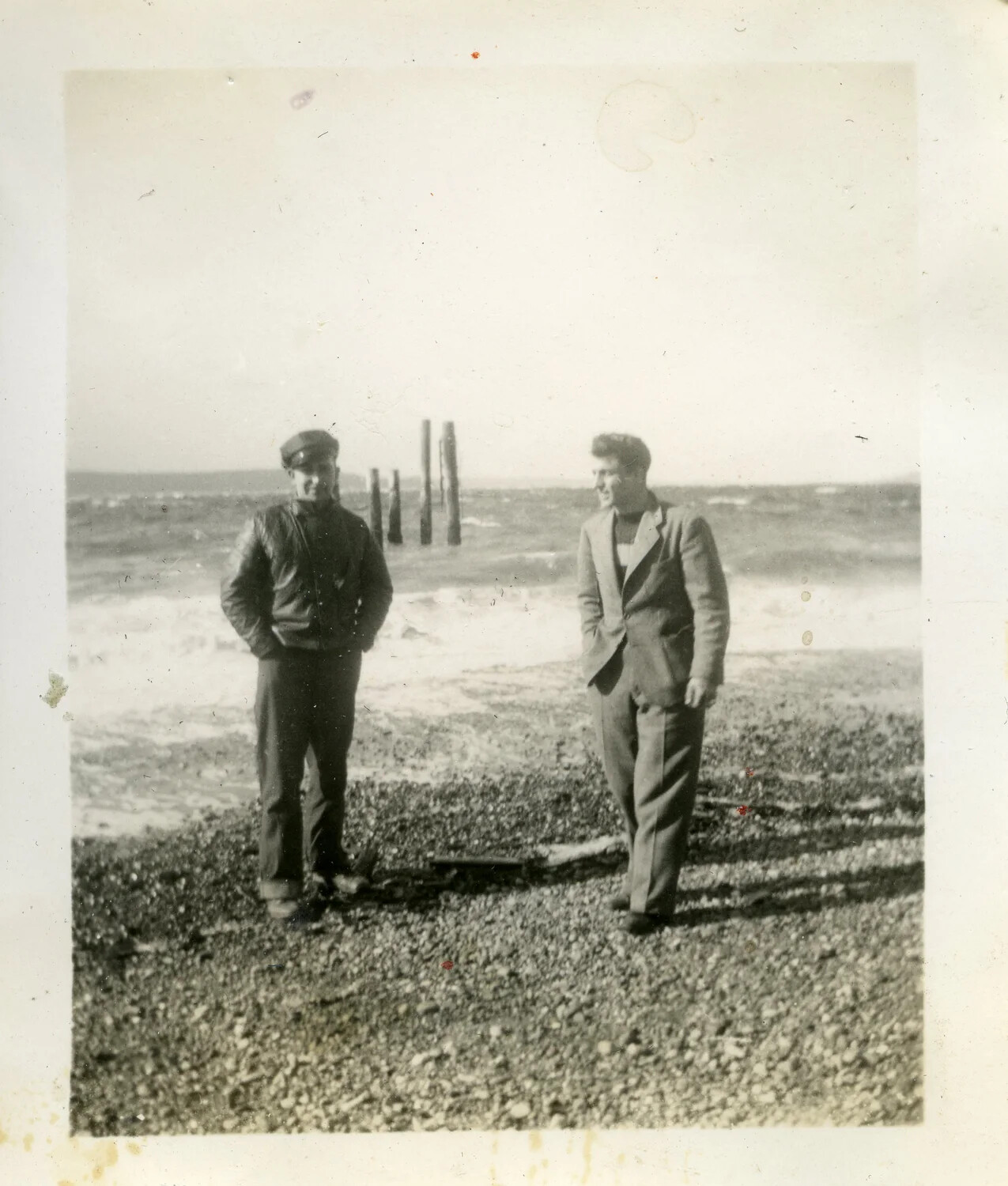 Two Men on a Rocky Beach, WWII-Era Personal Photograph, Kwajalein Military Album