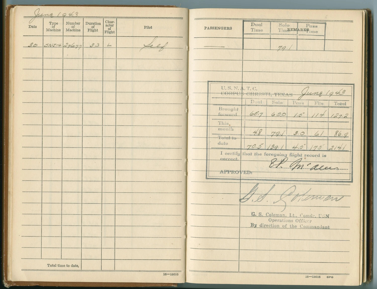 U.S. Navy Flight Logbook Page, June 1943 — NAS Corpus Christi, SNJ-4 Training Flight Entry and Monthly Summary