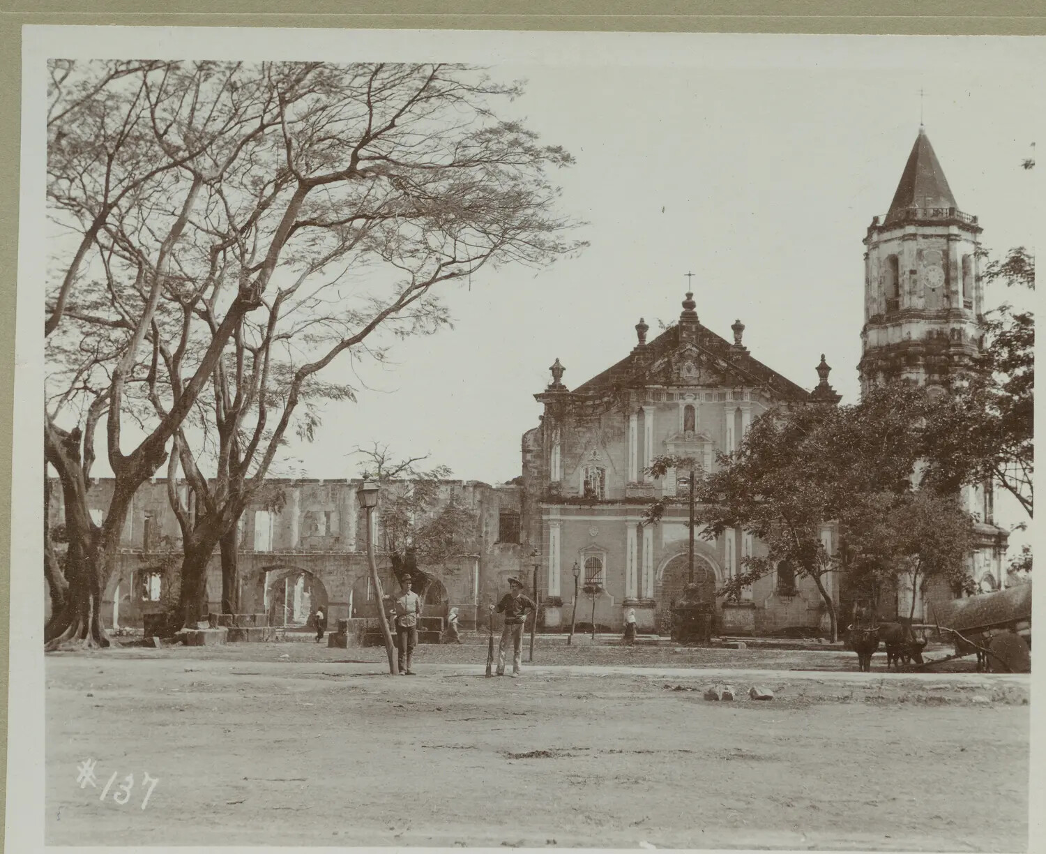 Ruined Spanish Colonial Church and Convento with American Soldiers in Foreground, Philippines