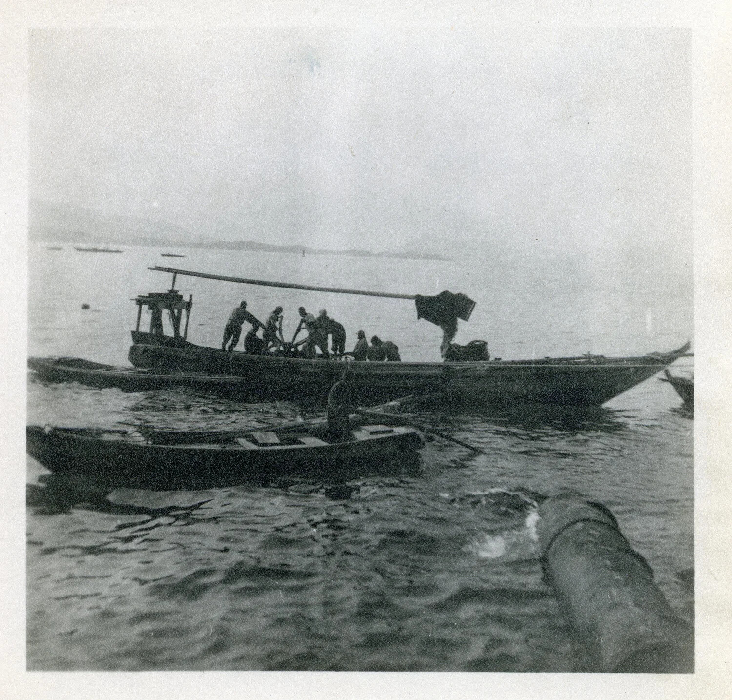 Japanese Fishing Boats and Crew in Harbor, Hiroshima Area, Japan, Post-WWII