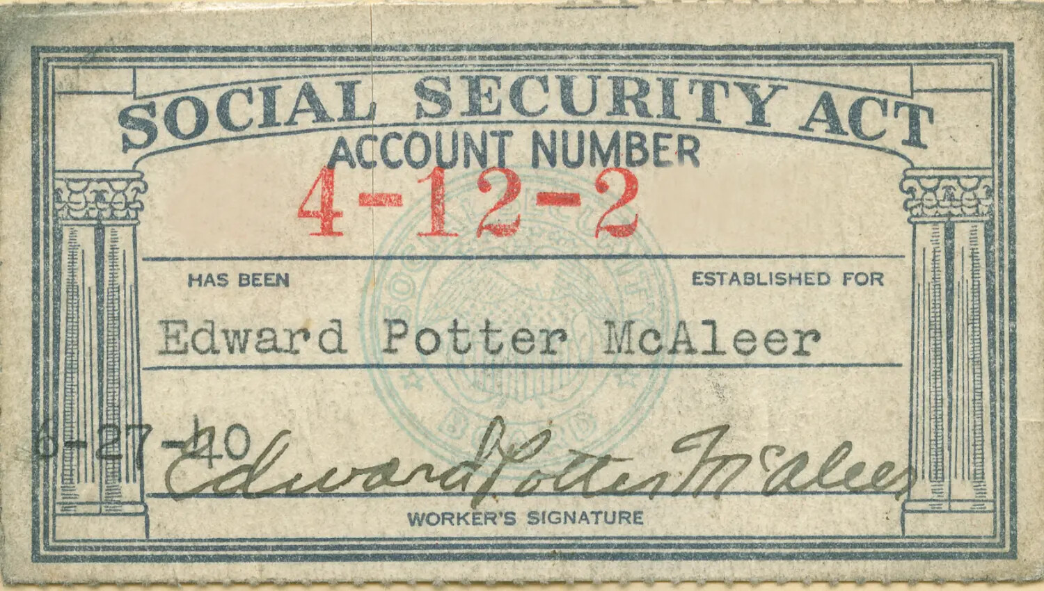 Social Security Account Card of Edward Potter McAleer, 1940