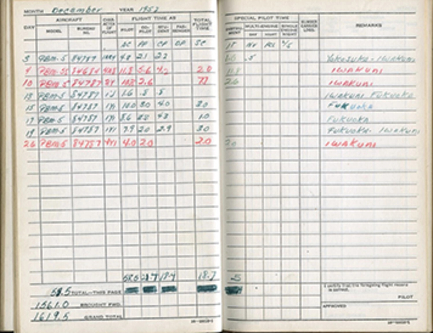 U.S. Navy Aviator's Flight Log Book, December 1952 — PBM-5 Mariner Flights, Japan/Korea Theater, Lt. W.E. Bancroft
