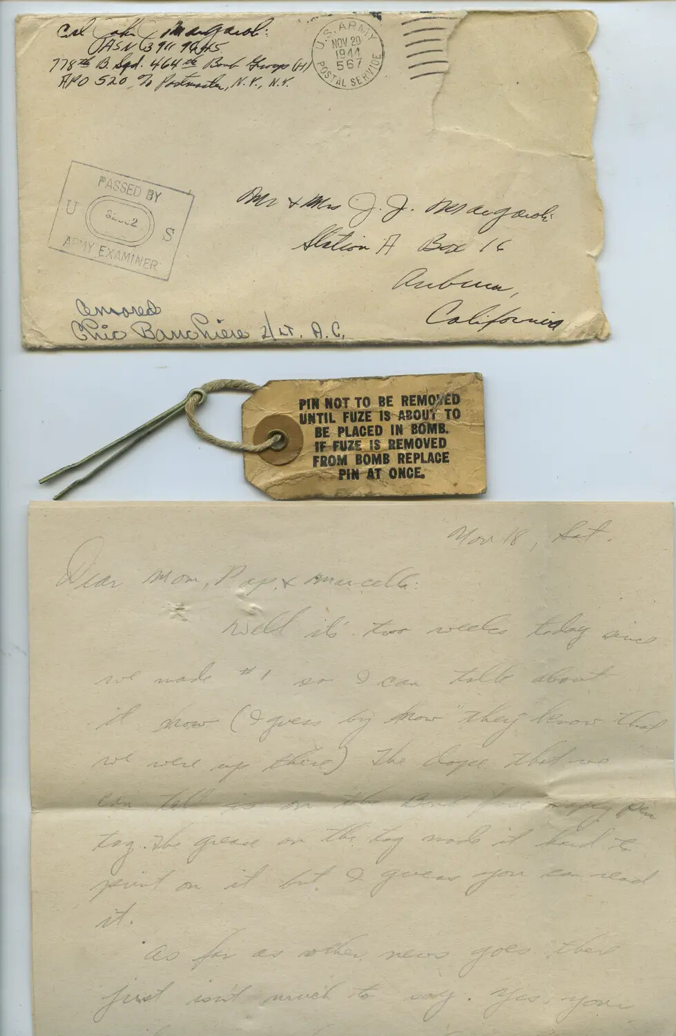 464th Bomb Group Airman's Censored V-Mail Envelope, Bomb Fuze Safety Tag, and Letter — WWII Fifteenth Air Force