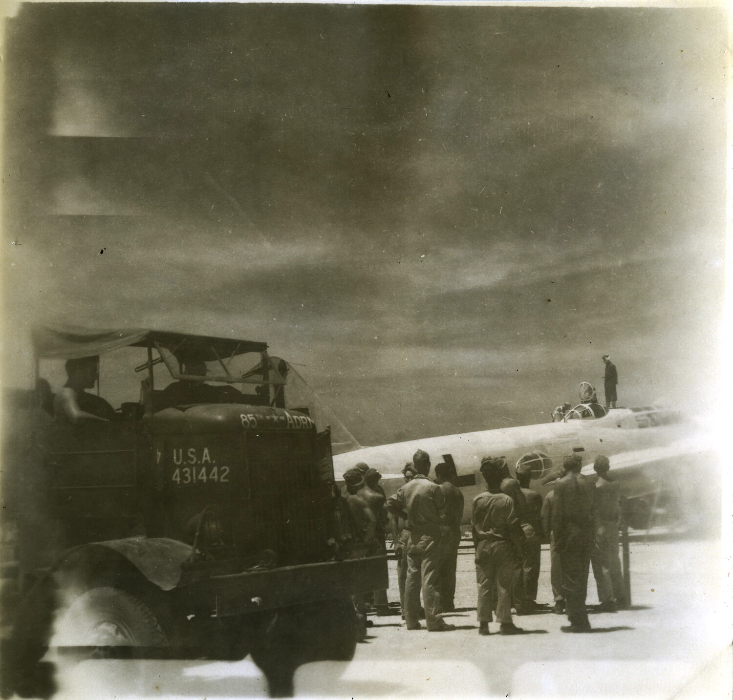 U.S. Army Airdrome Squadron Truck and Personnel Beside Japanese Surrender Aircraft, Ie Shima, August 1945