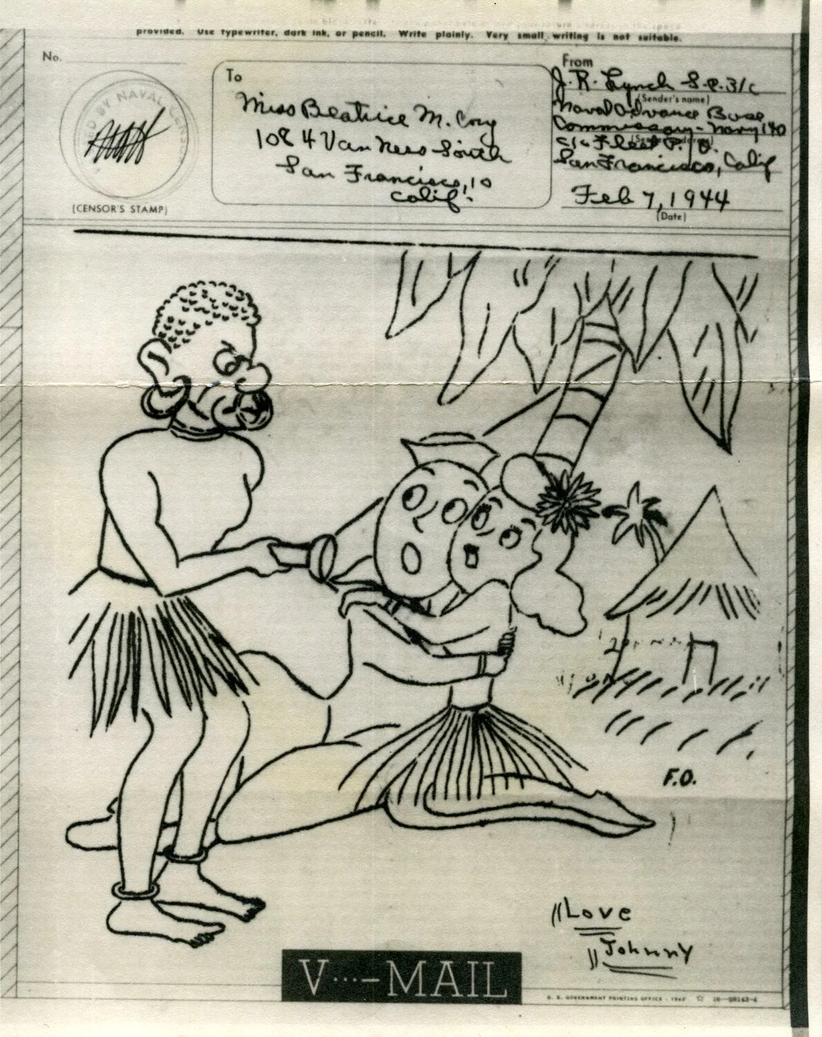 V-Mail Humor Cartoon, U.S. Navy Advance Base Personnel, Pacific Theater, 7 February 1944
