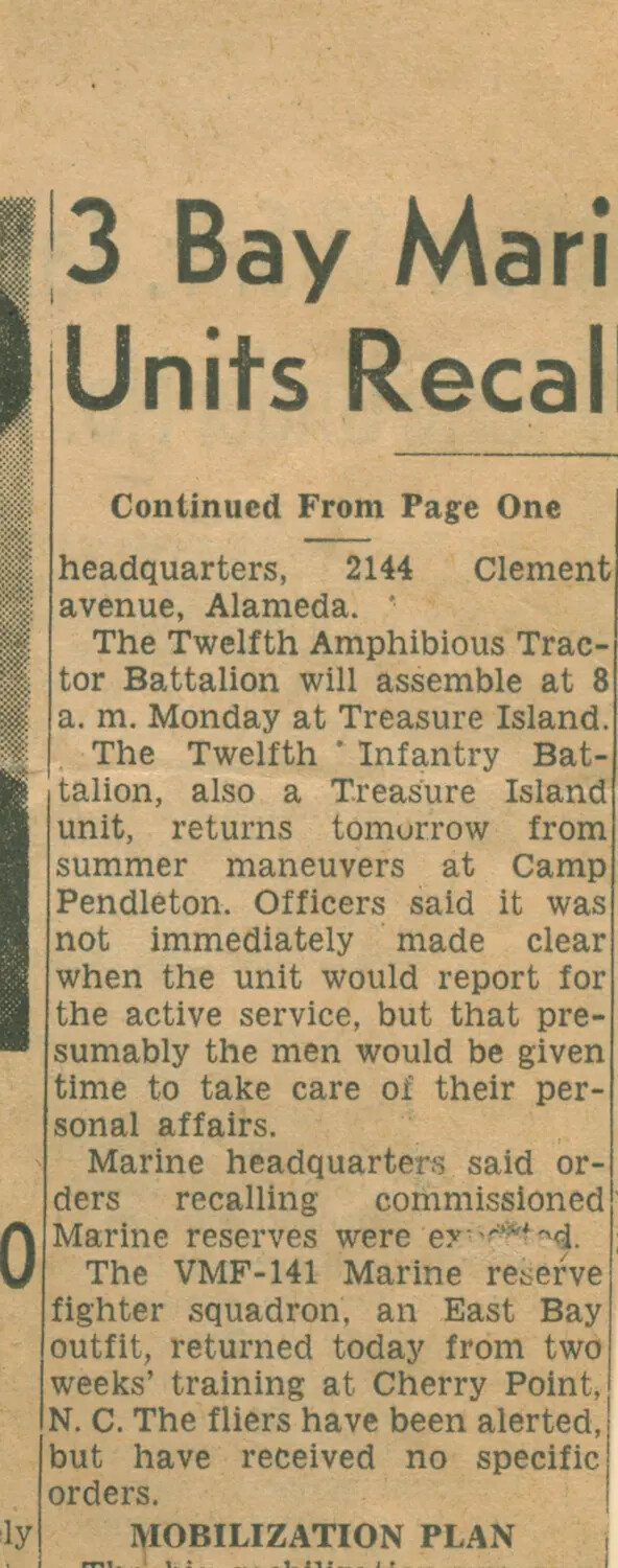 Newspaper Clipping: '3 Bay Marine Units Recalled', Pat McAleer Collection