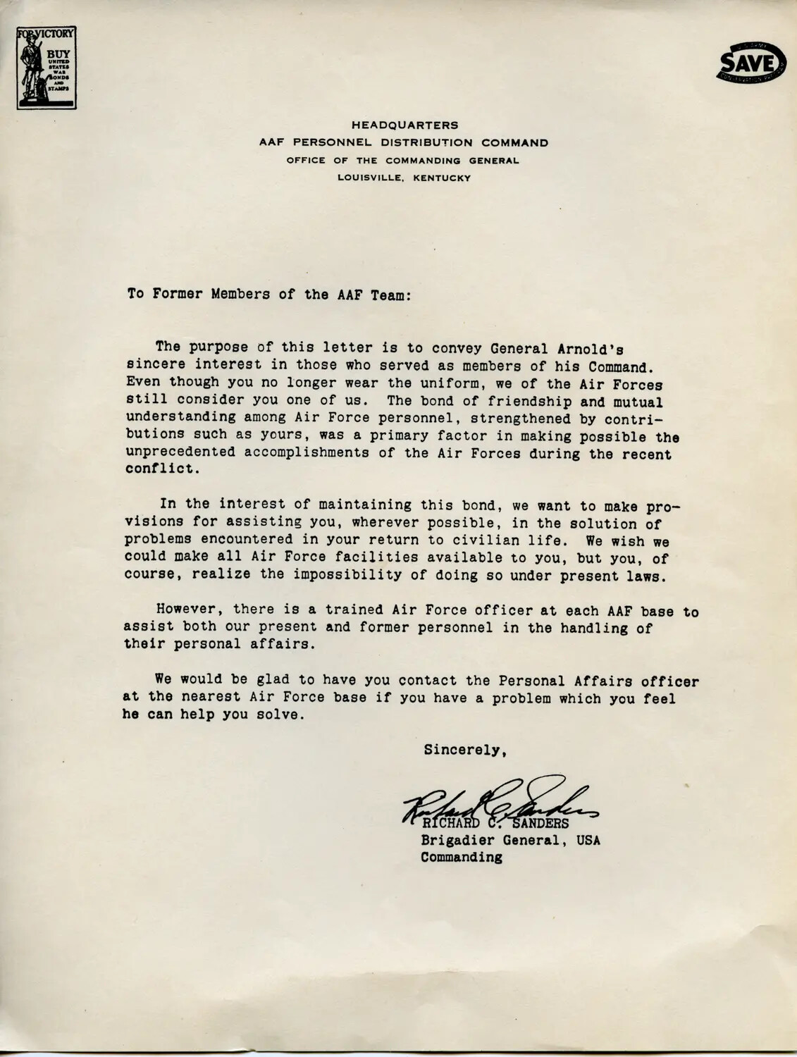 Letter from AAF Personnel Distribution Command to Former AAF Members, Signed by Brig. Gen. Richard C. Sanders