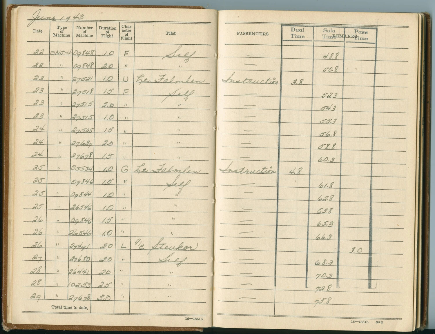 Pilot's Flight Log Book, June 1943 – SNJ-4 Advanced Trainer Flights