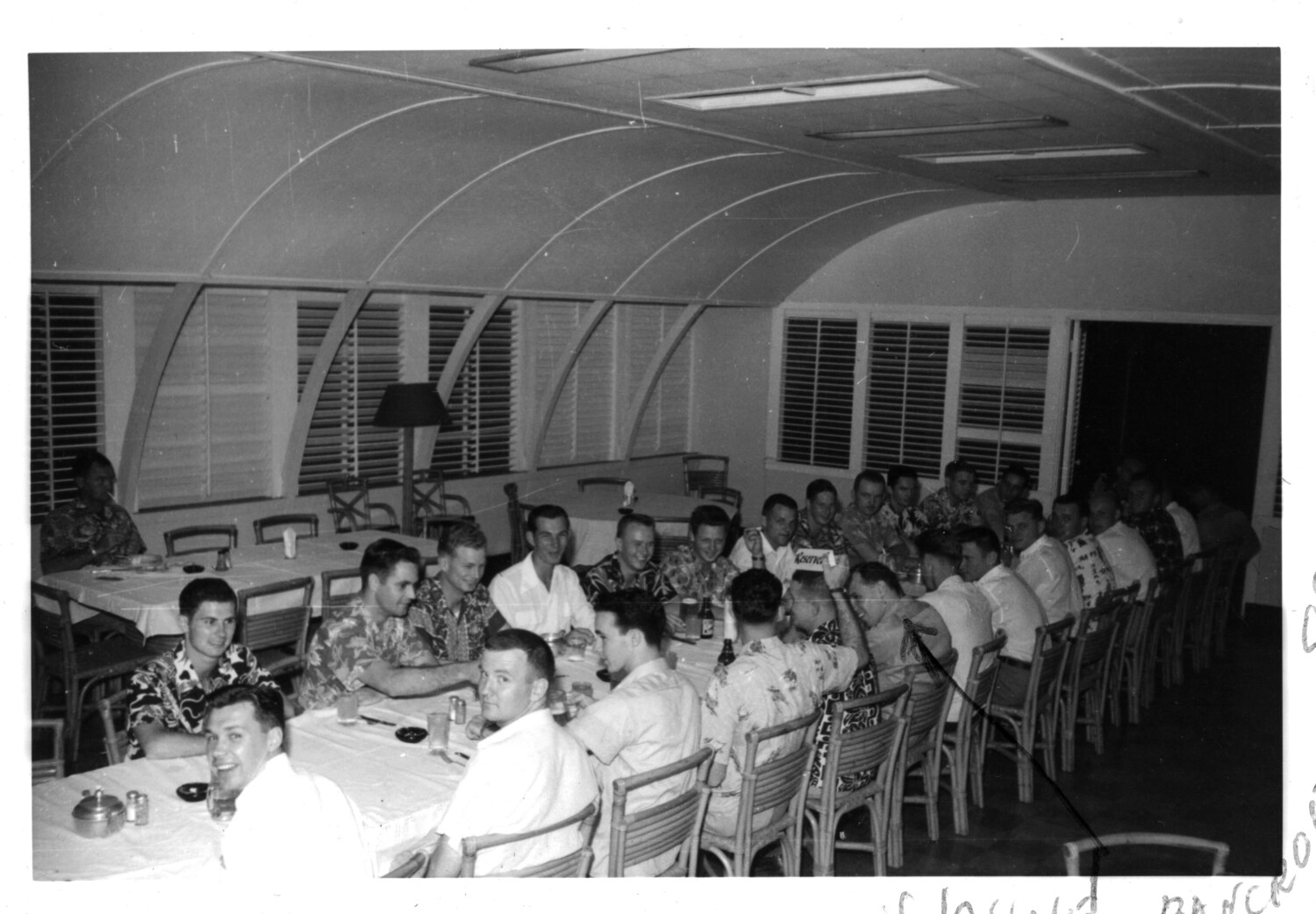 U.S. Navy Squadron Social Gathering in Quonset Hut Dining Hall, Korean War Era